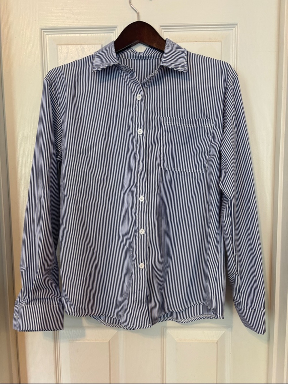Women’s Blue & White Striped Button-Up Shirt classic to dress up or down size M